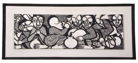 Stephen Ugoaru (20th century) Abstract/ aboriginal figures, monochrome oil on canvas, signed, dated,