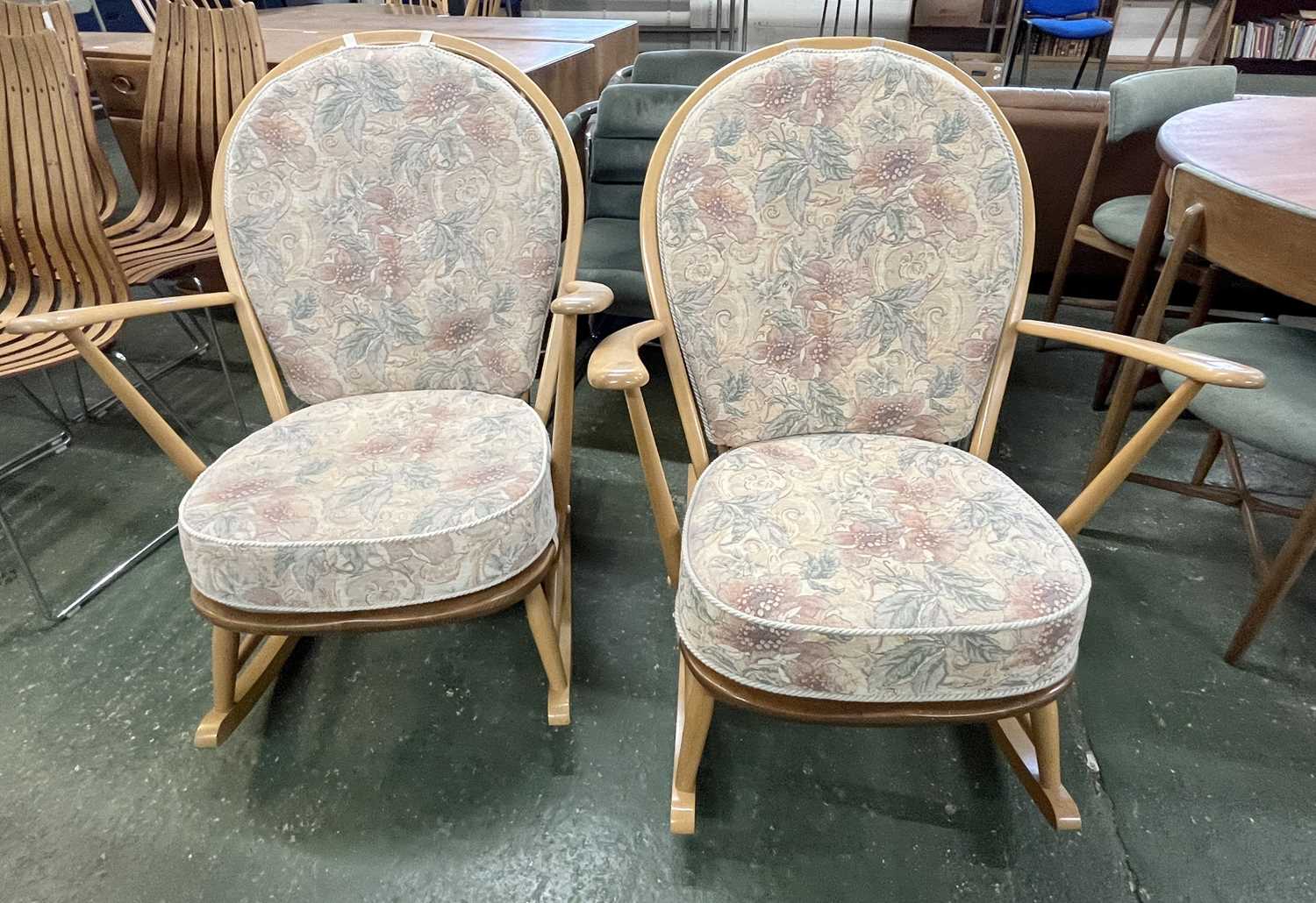 A pair of Ercol light wood rocking chairs with stick backs and loose cushions - Image 2 of 5