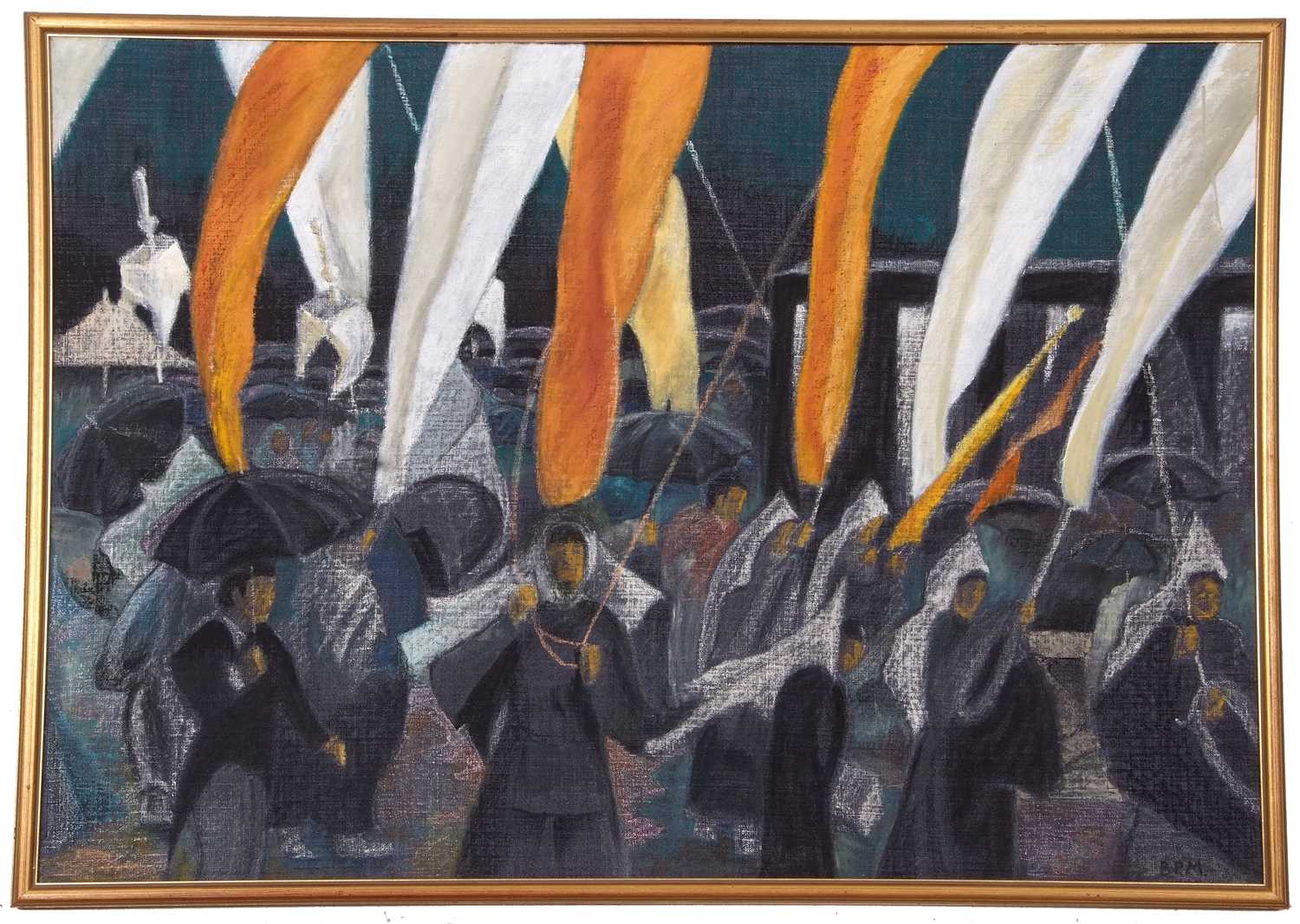 Barbara Mottram (British, 20th century), 'Funeral of an Emperor', oil pastel on board, initialed,