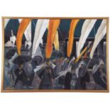 Barbara Mottram (British, 20th century), 'Funeral of an Emperor', oil pastel on board, initialed,