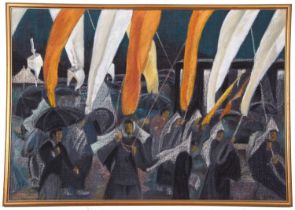 Barbara Mottram (British, 20th century), 'Funeral of an Emperor', oil pastel on board, initialed,