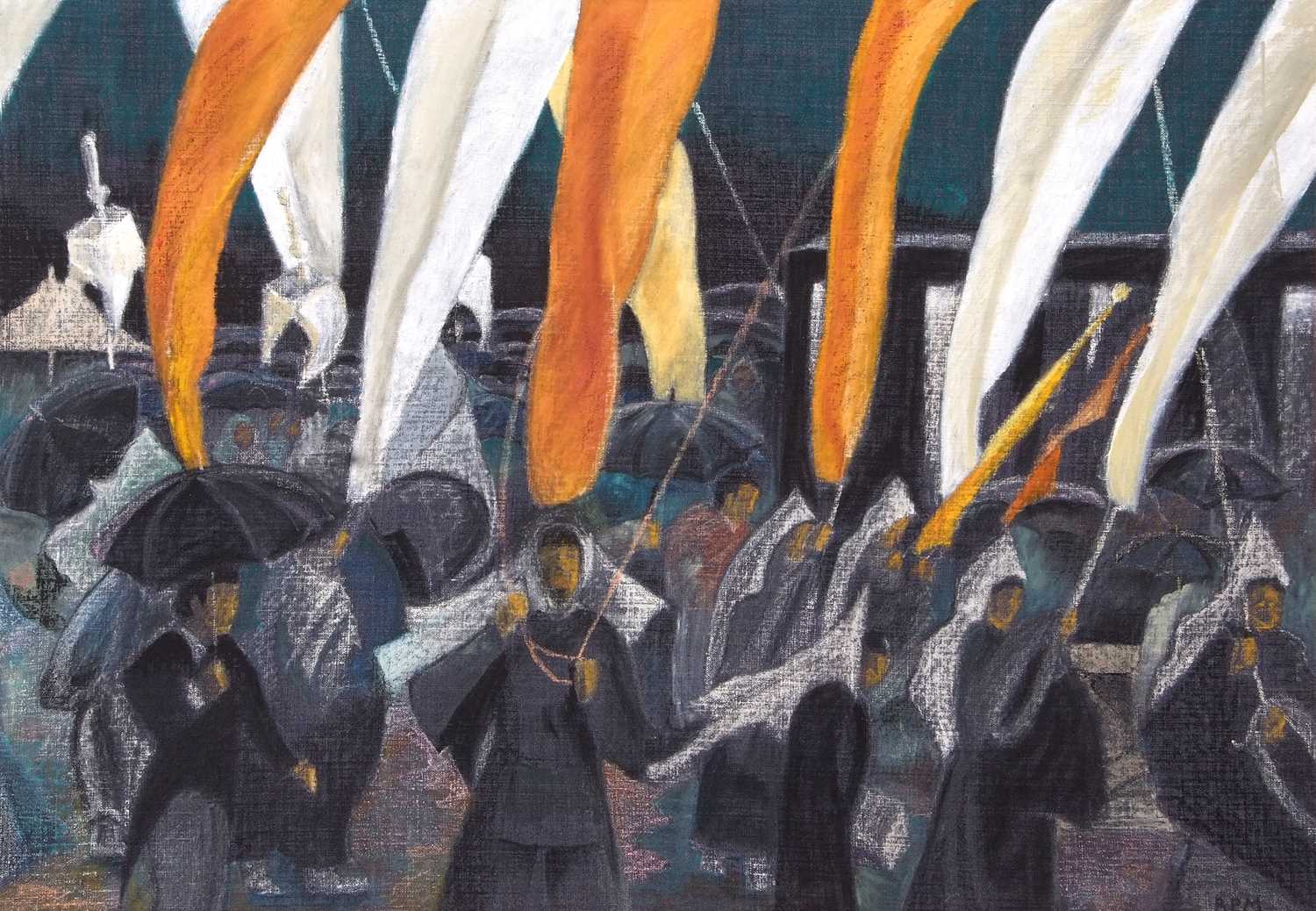 Barbara Mottram (British, 20th century), 'Funeral of an Emperor', oil pastel on board, initialed, - Image 2 of 2