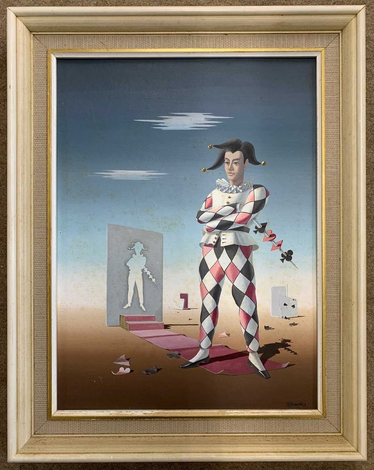 N.Black (1920-1999) Harlequin and Cards Oil on Board