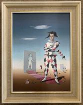 N.Black (1920-1999) Harlequin and Cards Oil on Board