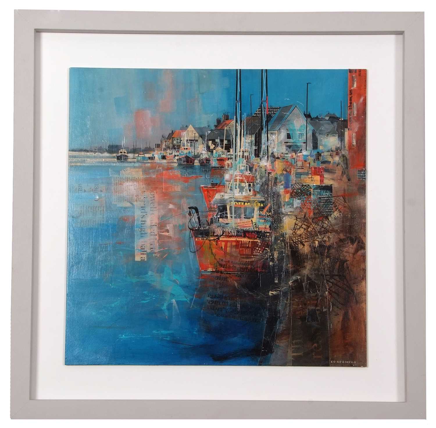 Ed Robinson (British, contemporary), "Wells Harbour, North Norfolk", mixed media collage, signed,