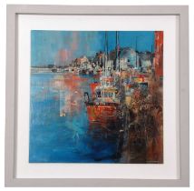 Ed Robinson (British, contemporary), "Wells Harbour, North Norfolk", mixed media collage, signed,