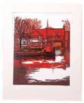 H.J. Jackson (British, b.1938), "Pulls Ferry", limited edition linocut, signed and numbered 36/50 in