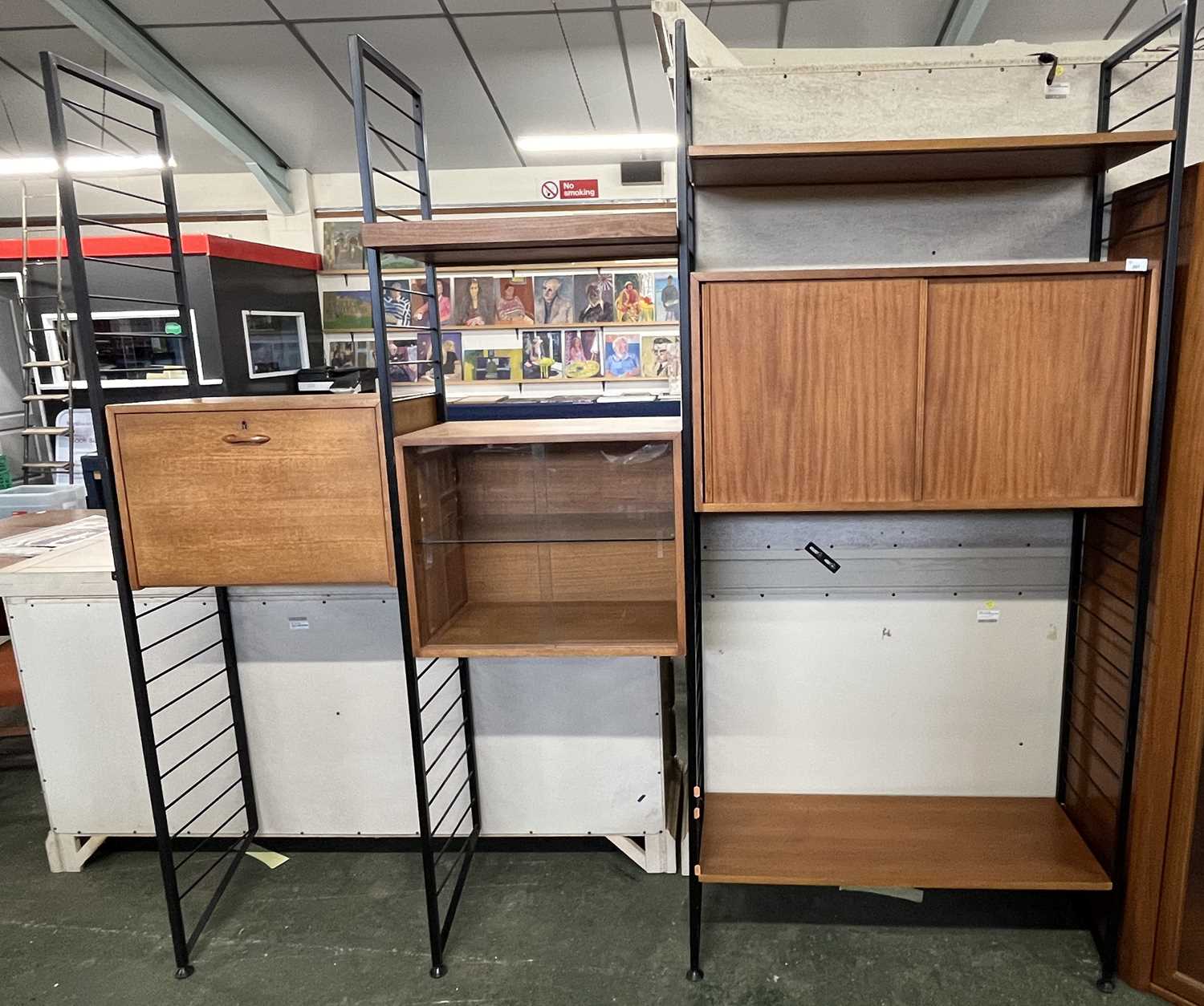 A Ladderax teak and iron framed room divider or shelf unit incorporating bureau section, a glazed - Image 2 of 4