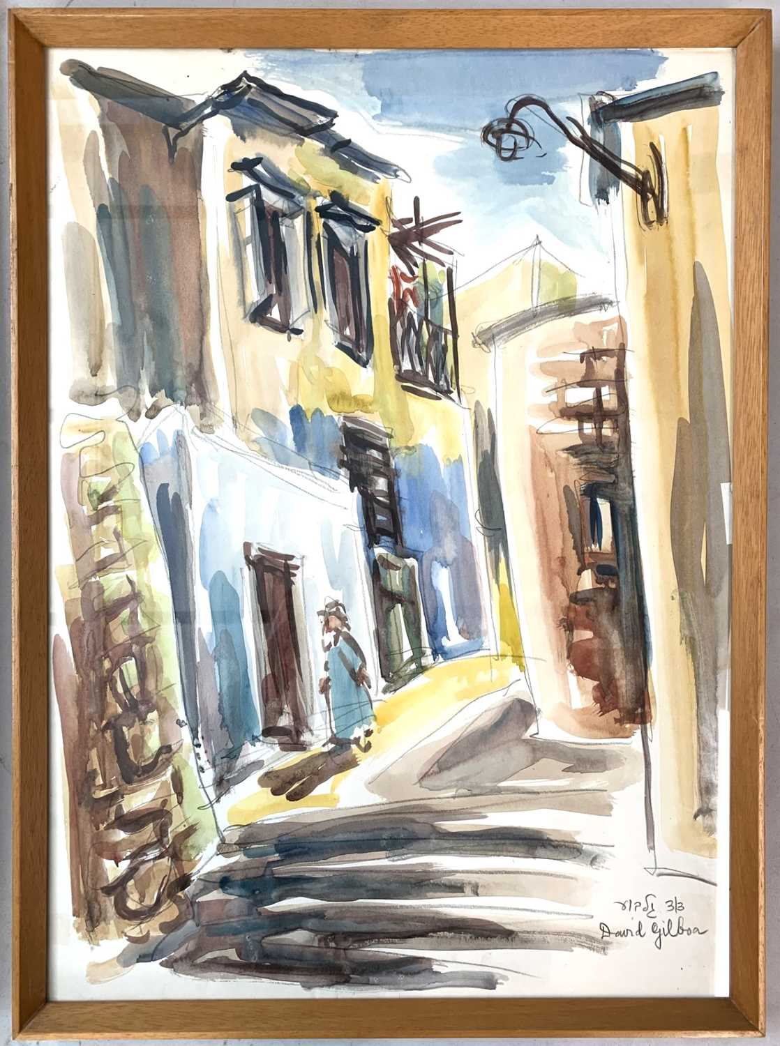 David Gilboa (Romanian / Israeli), Israeli street scene, watercolour and pencil, signed, 41x47cm,