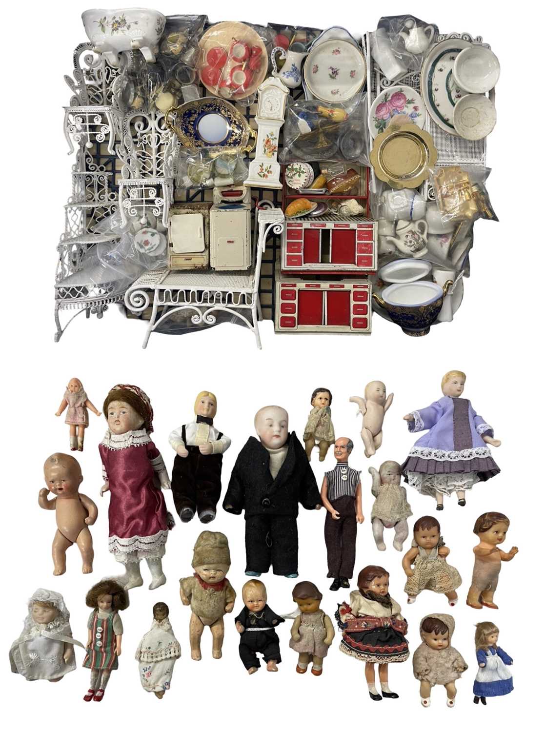 A collection of metal and ceramic dolls house furniture and accessories, homewares etc, with a