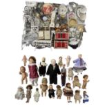 A collection of metal and ceramic dolls house furniture and accessories, homewares etc, with a