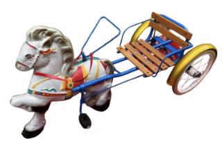 A Mobo rotary pedal horse and cart, in blue, with yellow wheel trim, wooden seat, and solid rubber