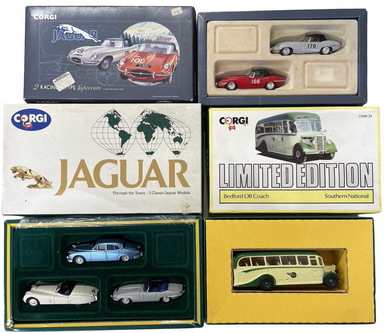 Three boxed Corgi die-cast scale model sets, to include: - Jaguar triple set - Bedford OB Coach -