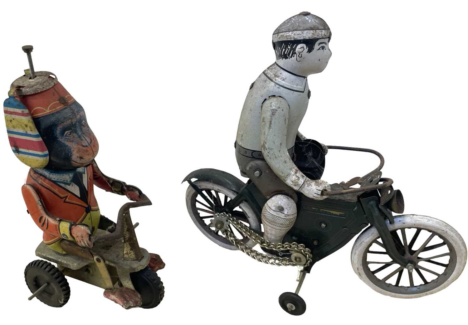 A pair of vintage Chinese tinplate toys, formed as a performing monkey and a gent on a bicycle (a/ - Image 2 of 3