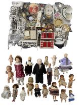 A collection of metal and ceramic dolls house furniture and accessories, homewares etc, with a