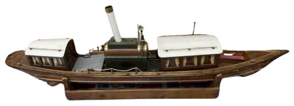 A large wooden motorised steam boat, length approximately 113cm