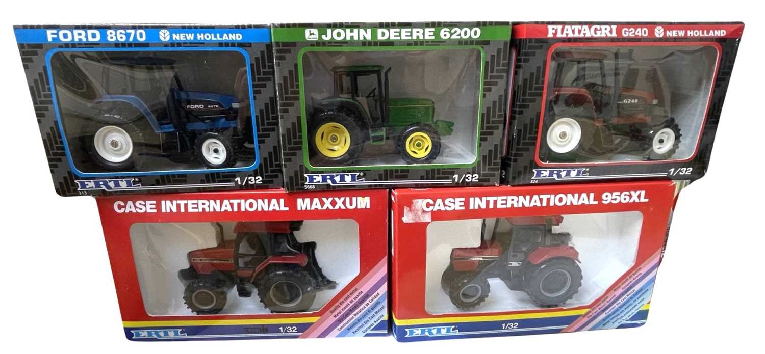 Five boxed ERTL 1:32 scale tractor models, to include: - Fiatagri G240 New Hollan - John Deere