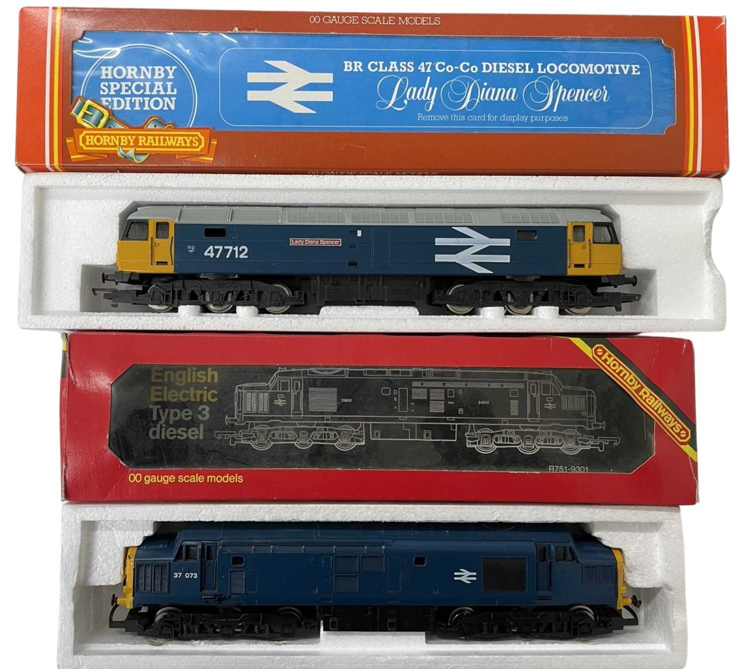 A pair of Hornby 00 boxed gauge diesel engines, to include: - R316 Class 47 Lady Diana Spencer -