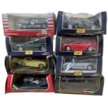 A collection of 8 various boxed 1:24 scale model cars, to include Bburago, Maisto and Majorette