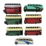 Seven Dinky Toy buses, playworn and some possibly repainted.