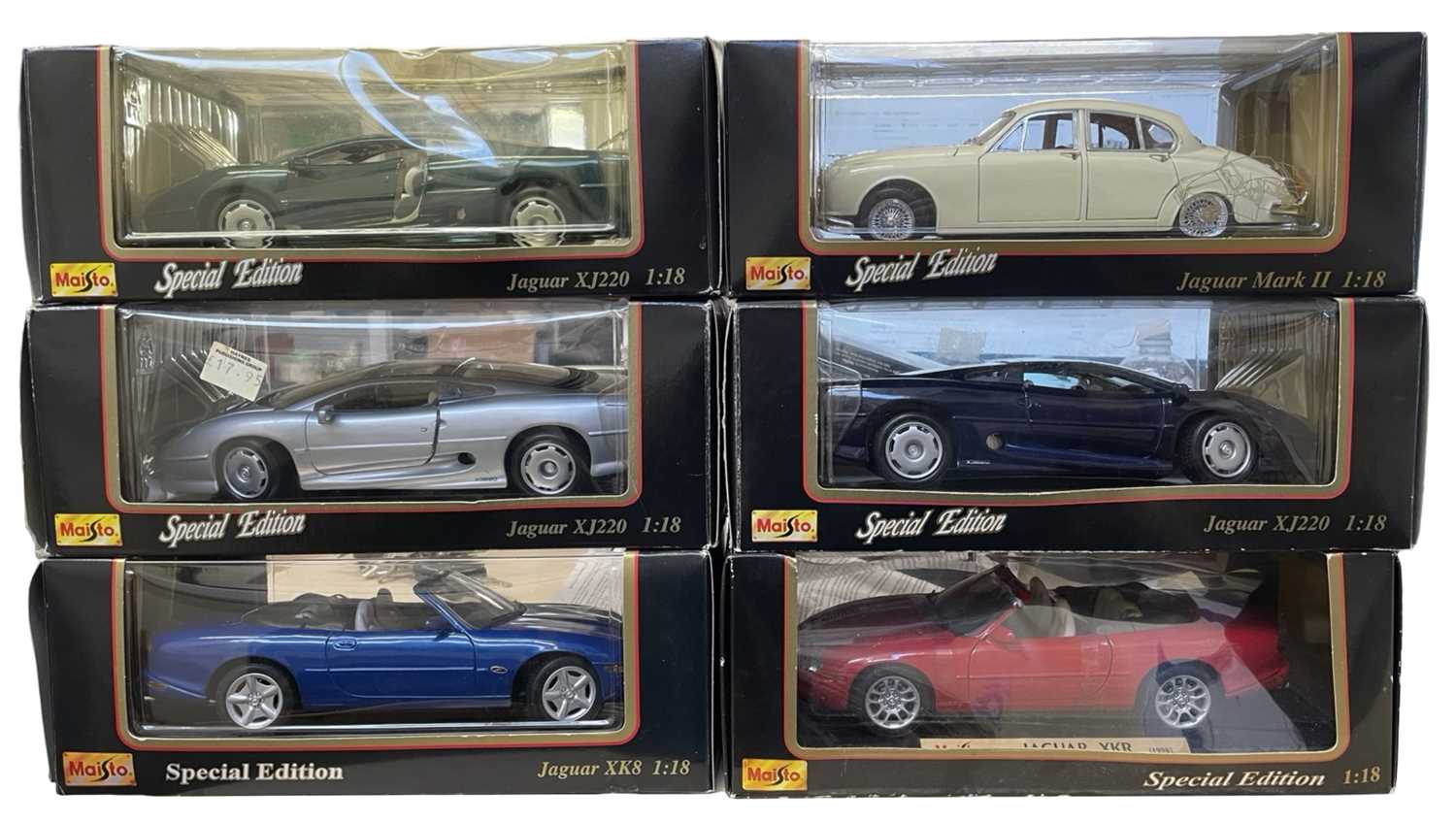 A group of six Maisto 1:18 scale Jaguars, to include: - XJ220 in green / silver / blue - Mark II