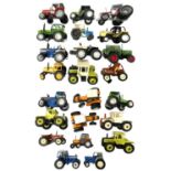 A collection of various die-cast and plastic model tractors.