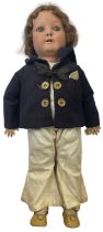 A bisque head Heubach Koppelsdorf doll, dressed in sailor's outfit. Marked to rear of head: