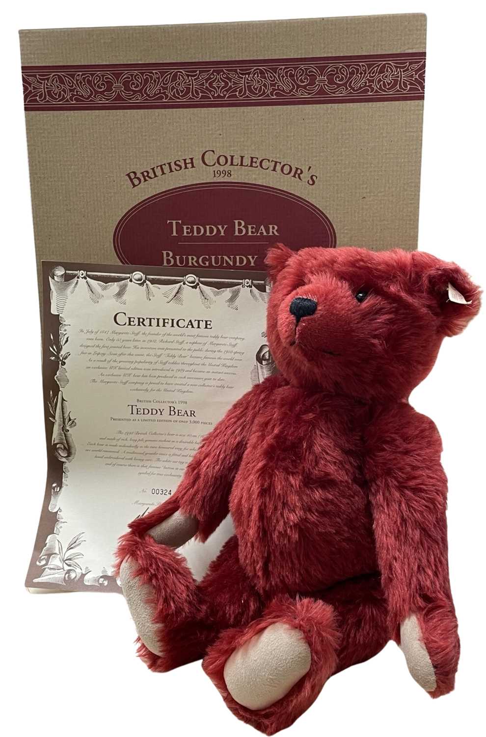 A boxed limited edition Steiff British Collector's 1998 teddy Bear Burgundy 40, with certificate.