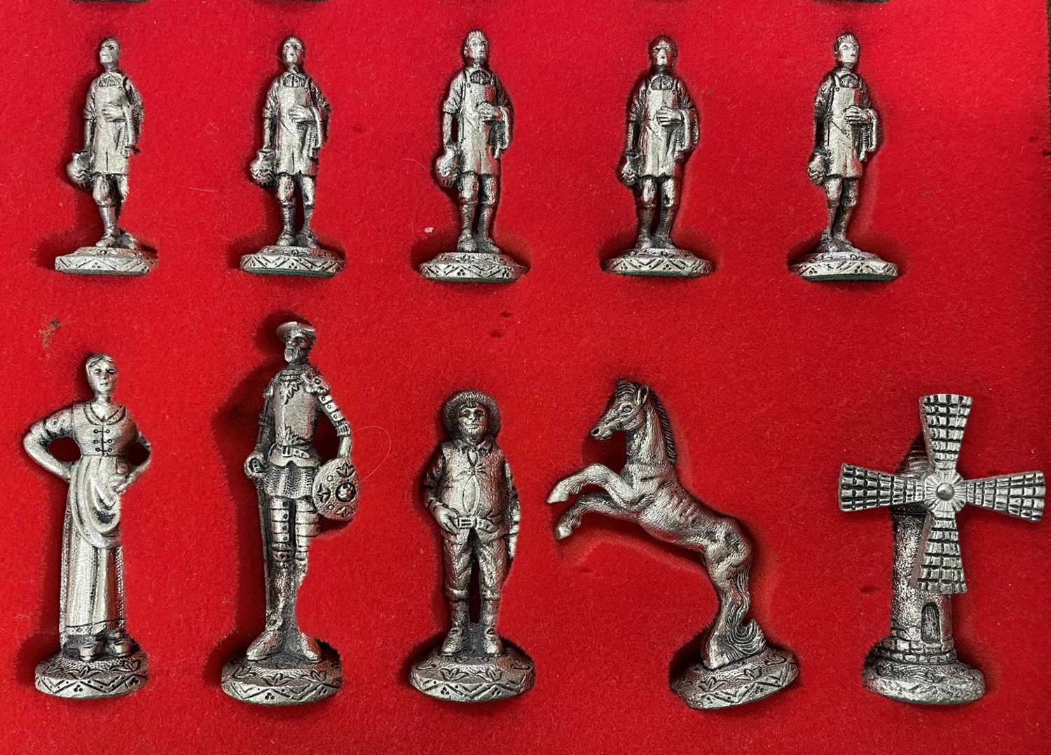 A metal chess set, formed as characters from Don Quixote. Rooks are windmills with rotating blades. - Image 2 of 5
