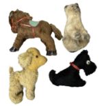 Four vintage stuffed toys to include horse, 2 dogs and a wind-up musical cat