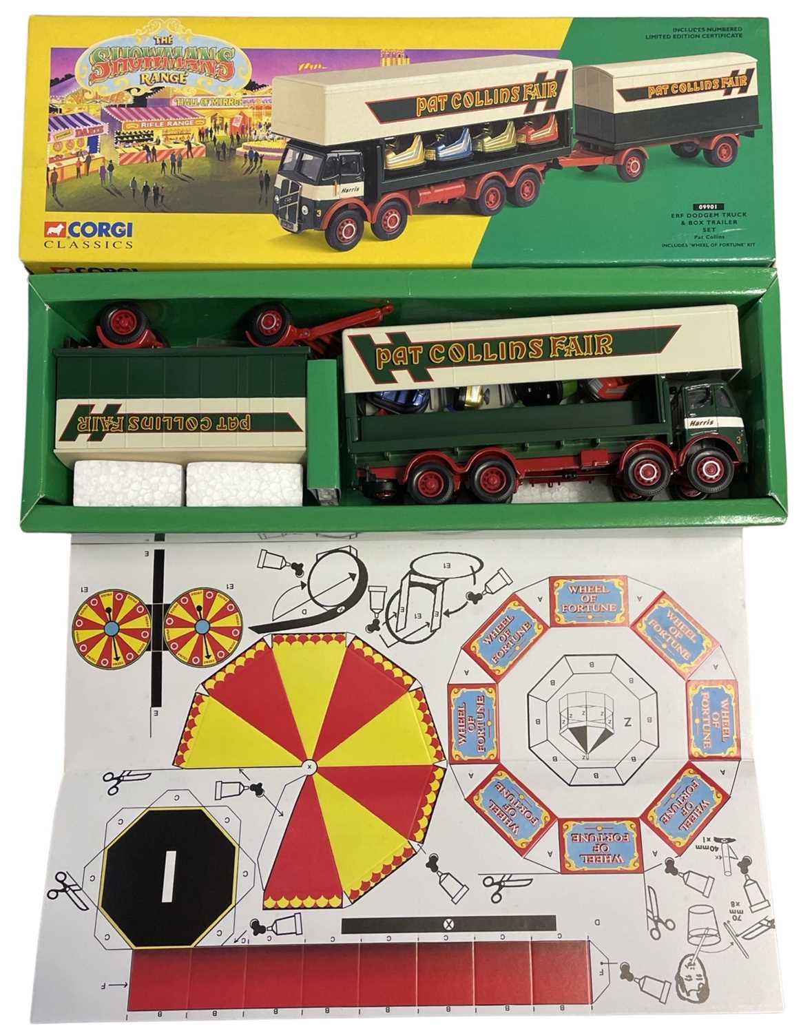 A boxed Corgi 09901 ERF Dodgem Truck and box Trailer Set, Pat Collins with 'Wheel of Fortune' Kit
