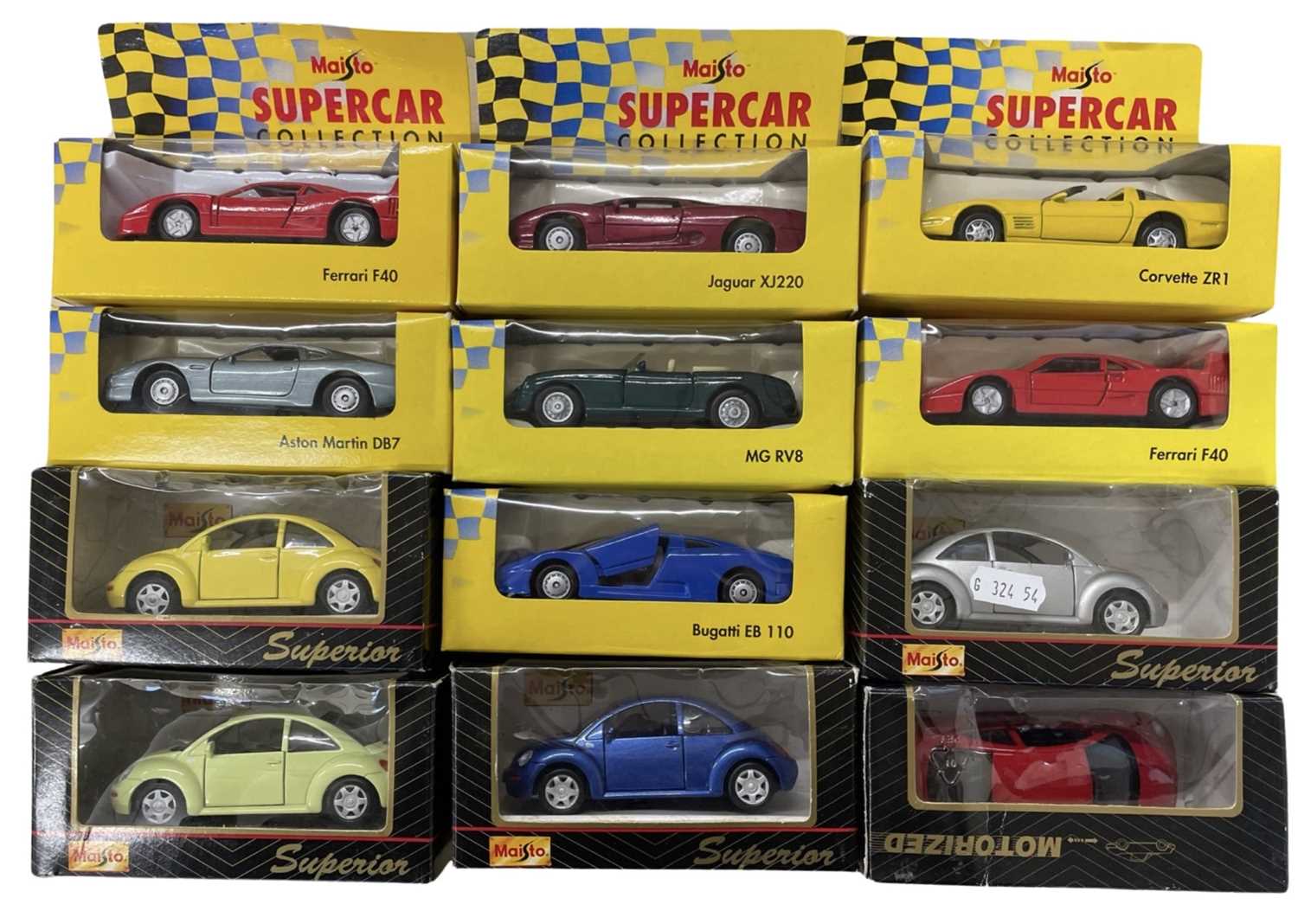 A collection of various Maisto miniature die-cast sports car models.