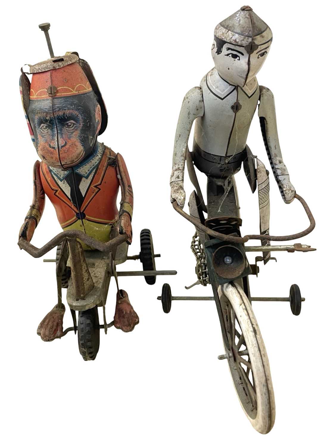 A pair of vintage Chinese tinplate toys, formed as a performing monkey and a gent on a bicycle (a/ - Image 3 of 3