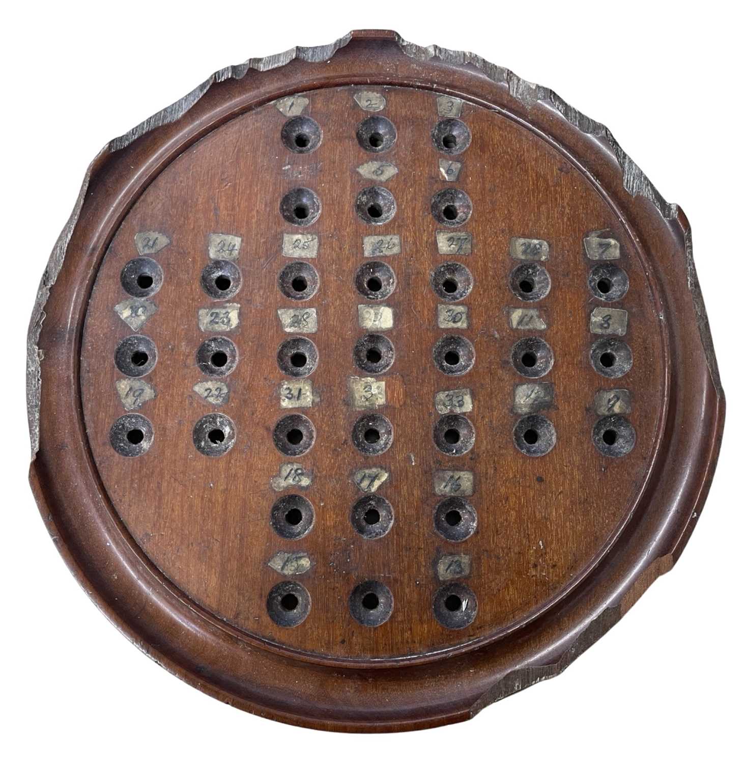 A vintage wooden solitaire board, with a collection of glass marbles. Significant damage to edges of - Image 2 of 2