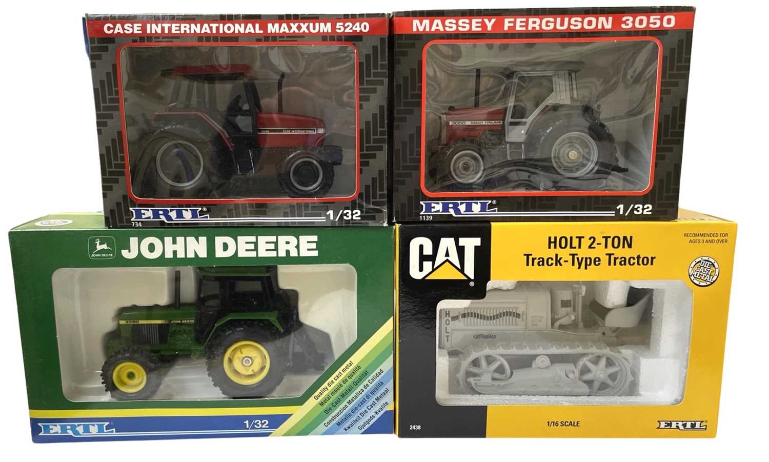Four boxed ERTL 1:32 scale die-cast tractor models, to include: - Massey Ferguson 3050 - Case