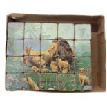 A set of vintage wooden puzzle blocks with papered designs, size of each block approximately: