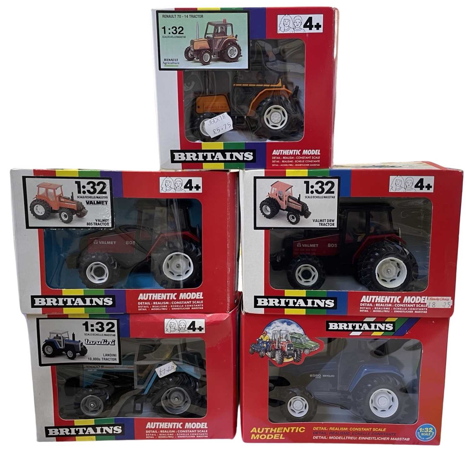 Five boxed Britains 1:32 scale tractor models, to include: - Valmet DRW - Renault 70-14 - Valmet 805