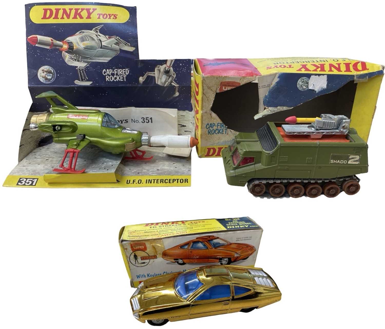 Three Dinky UFO (Gerry Anderson) toys, to include: - UFO Interceptor in original box (very damaged