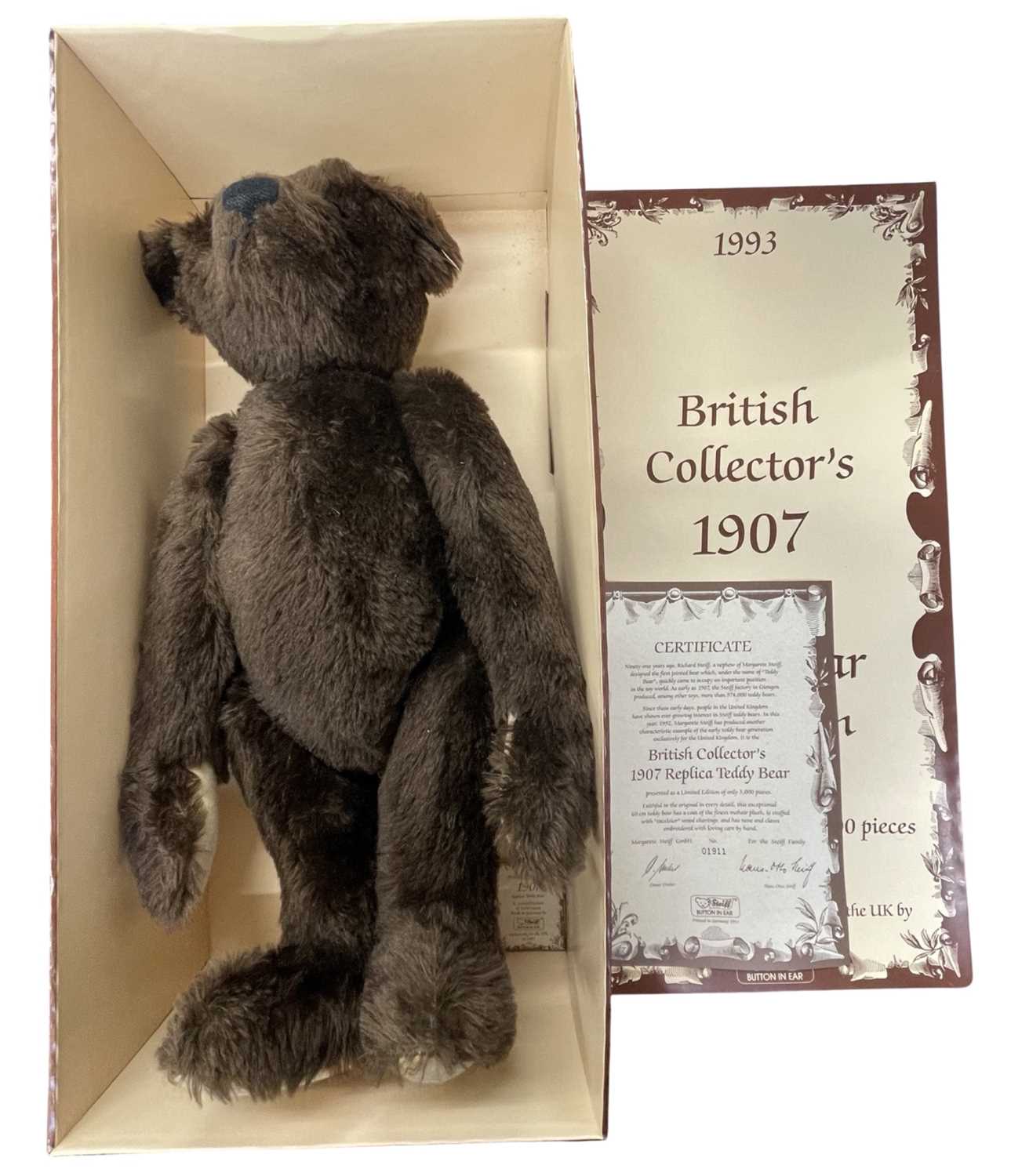 A boxed limited edition Steiff British Collector's 1907 Replica Teddy Bear in dark brown with