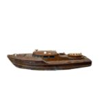 A motorised wooden boat model, length approximately 87cm