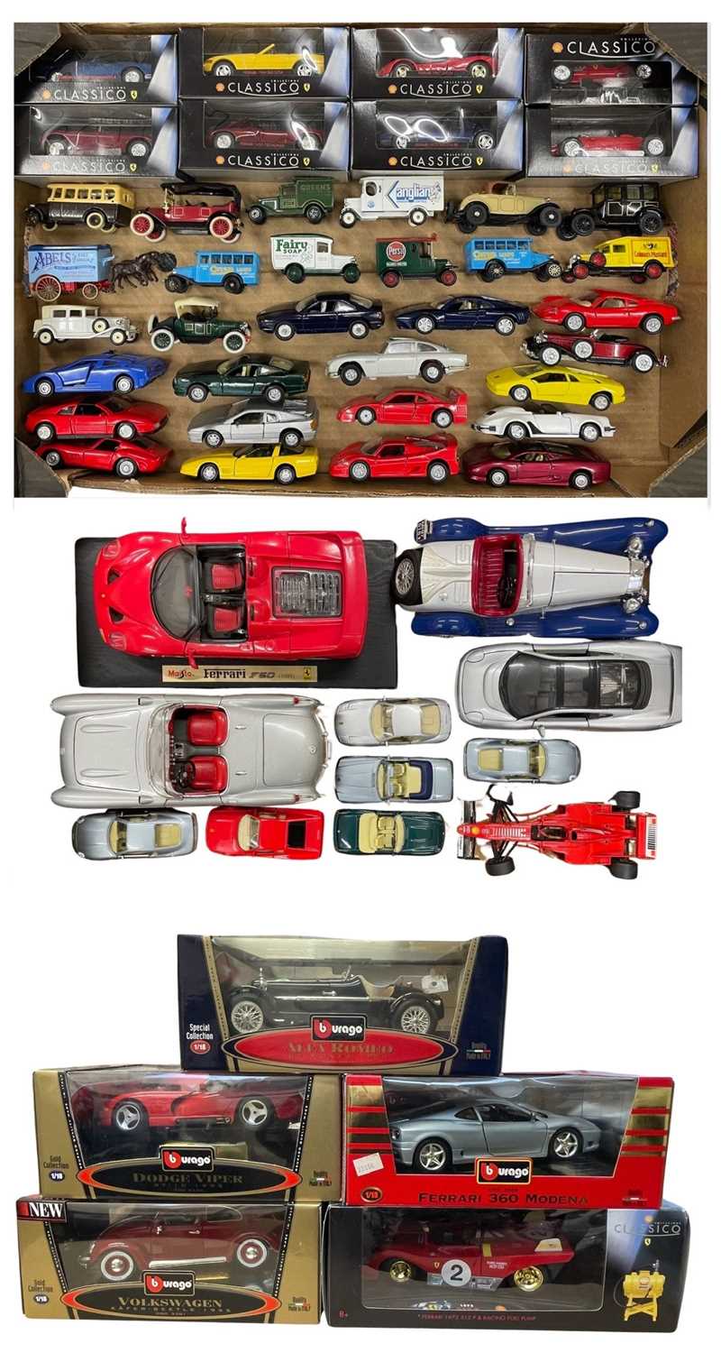 A collection of various die-cast car models, to include Maisto, Corgi, Classico, Bburago etc