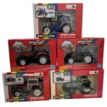 Five boxed Britains 1:32 scale tractor models, to include: - Massey Ferguson MF 3860 Double Rear