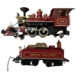 A Bachmann G gauge Union Pacific steam locomotive and wood-loaded tender