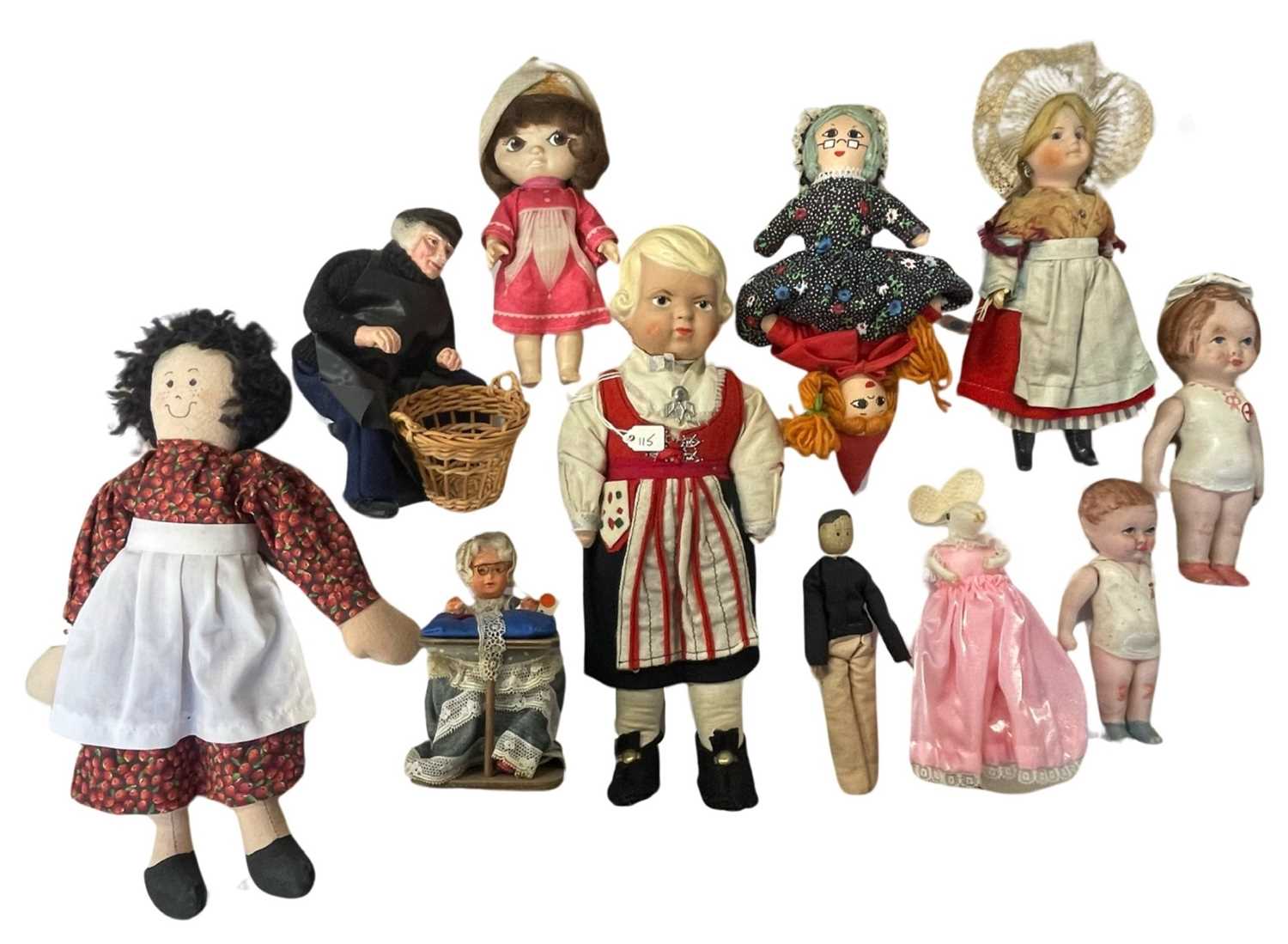 A mixed lot of various small collectors dolls, to include some bisque, composite, wooden, rag etc.