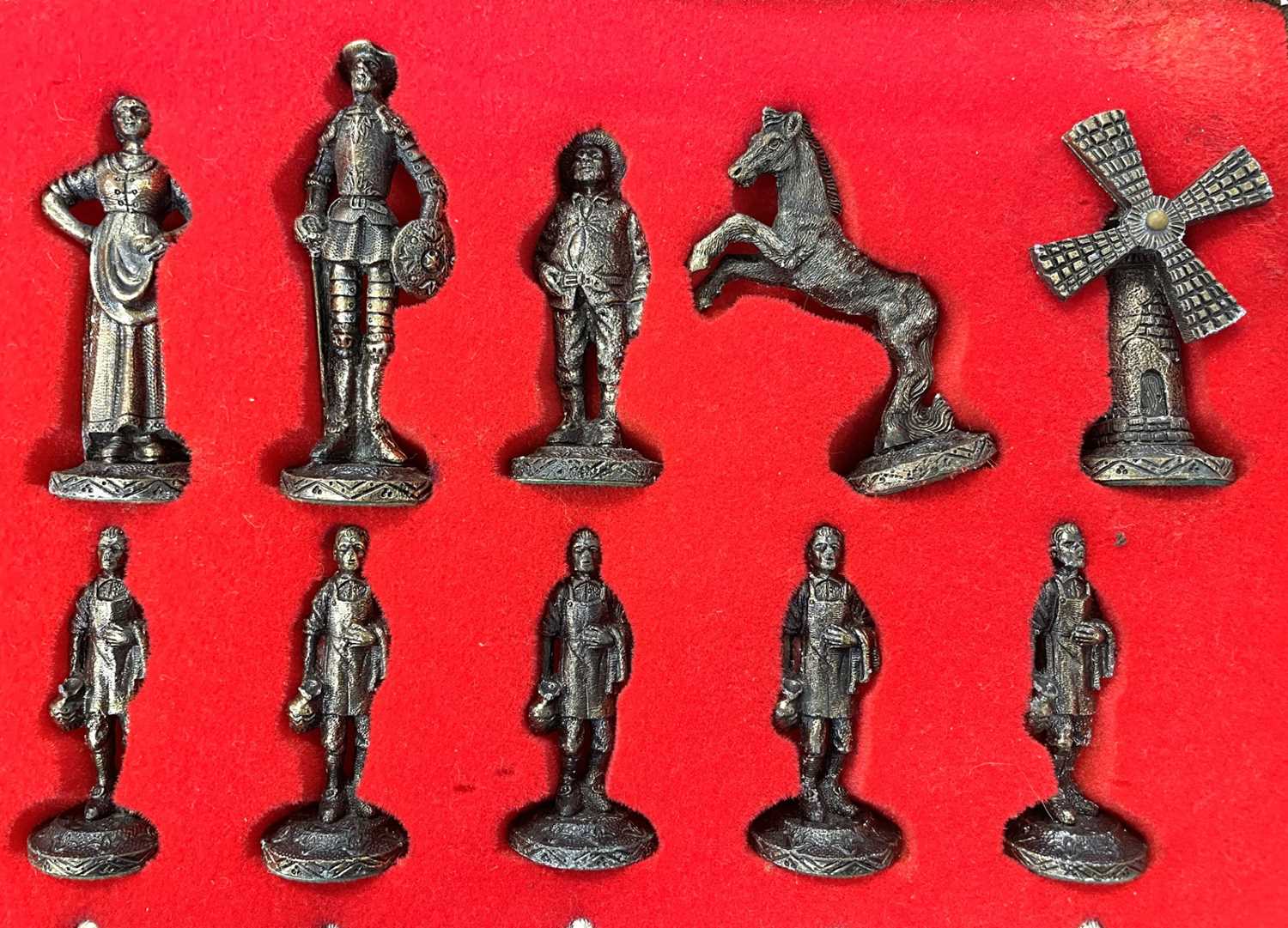 A metal chess set, formed as characters from Don Quixote. Rooks are windmills with rotating blades. - Image 3 of 5