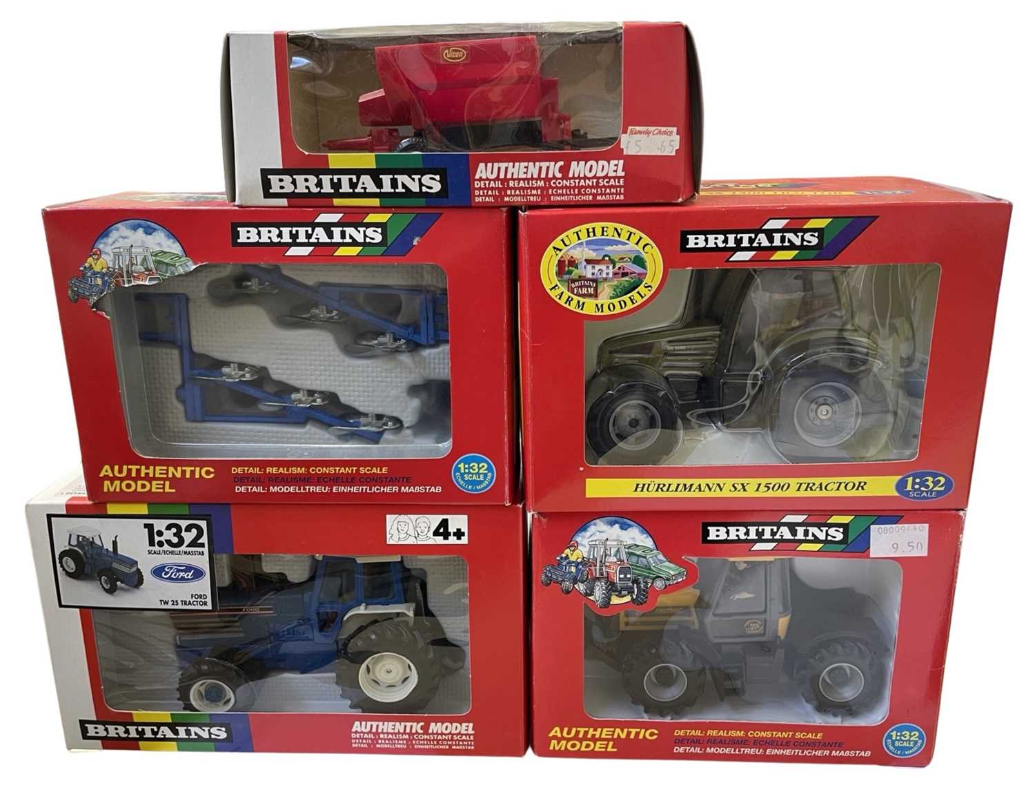 Five boxed Britains 1:32 scale tractors and farm machinery, to include: - Hurlimann SX 1500 - Ford