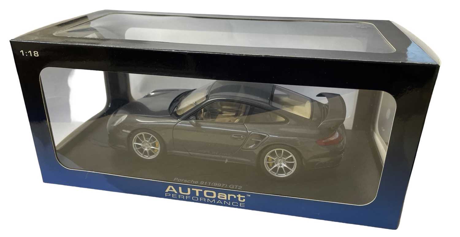 A boxed AutoArt 1:18 scale Porsche 911 (997) GT2 in metallic grey