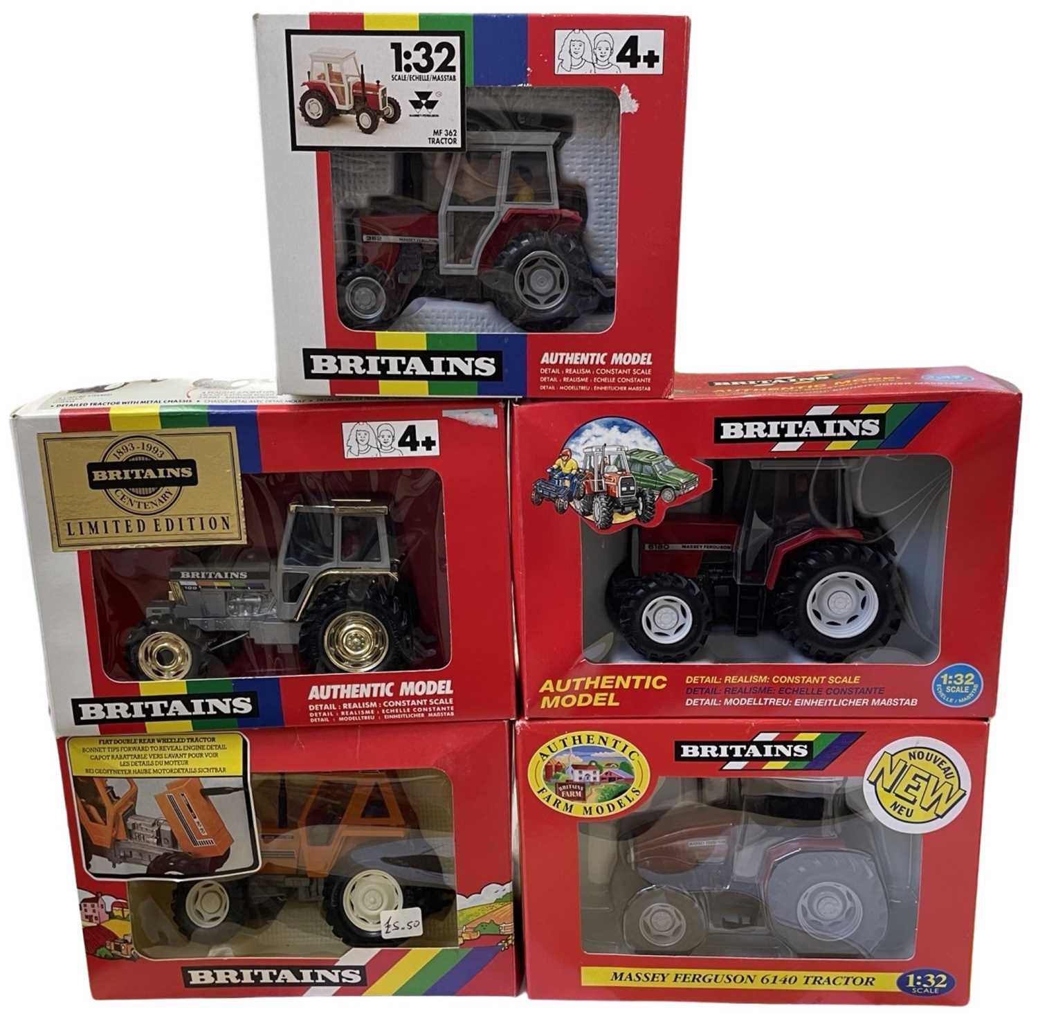 Five boxed Britains 1:32 scale model tractors, to include: - Massey Ferguson MF 362 - Limited