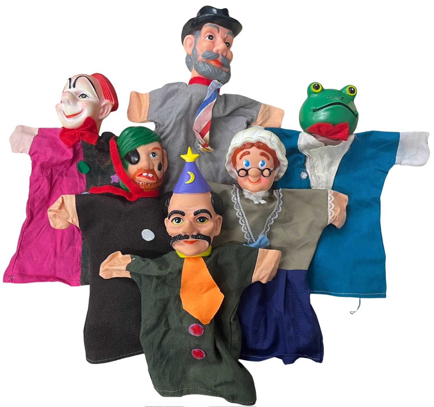 Six vintage children's hand puppets, with rubberised heads.