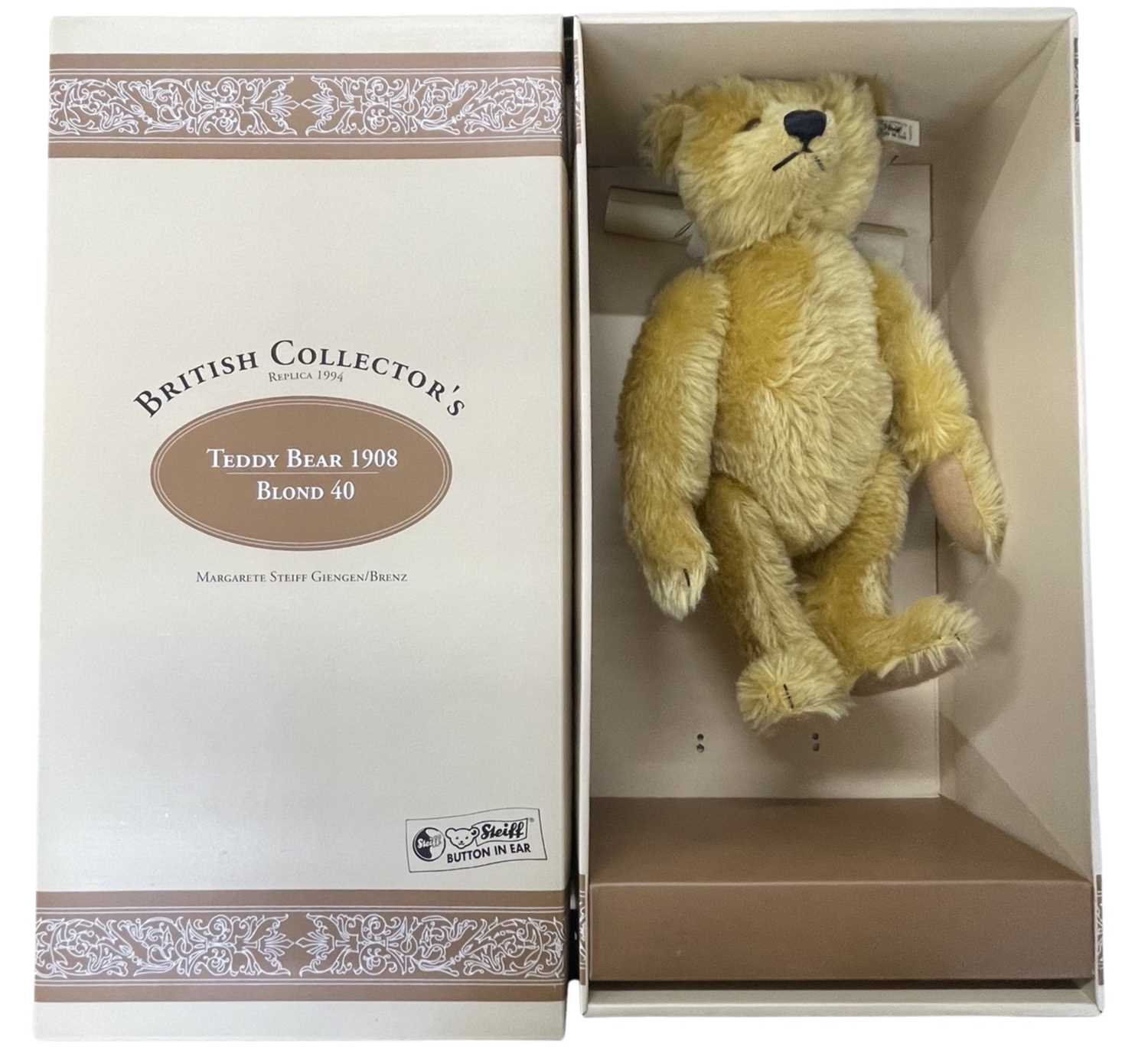 A boxed limited edition Steiff British Collector's 1908 Replica Blond 40 Teddy Bear, with